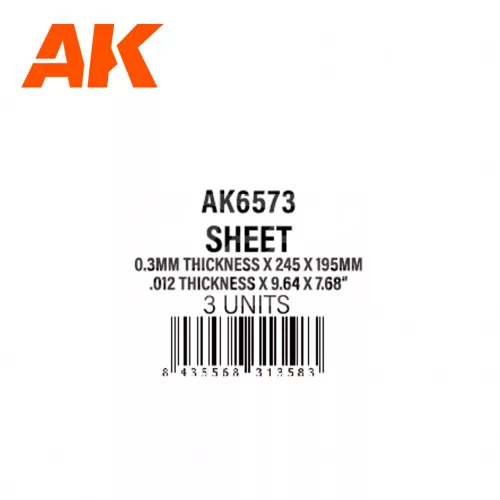 AK-Interactive - 0.3mm thickness x 245 x 195mm – STYRENE SHEET – (3 units)  sztirol lap AK6573