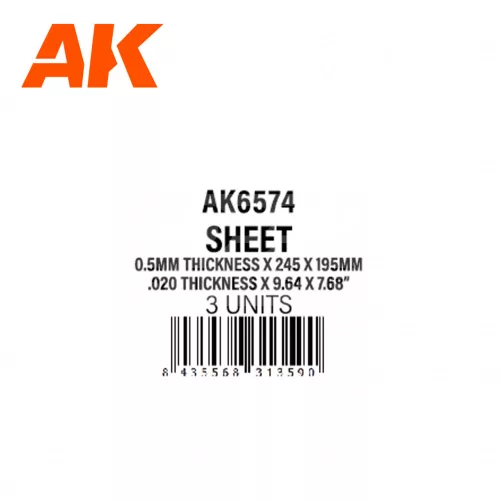 AK-Interactive - 0.5mm thickness x 245 x 195mm – STYRENE SHEET – (3 units)  sztirol lap AK6574