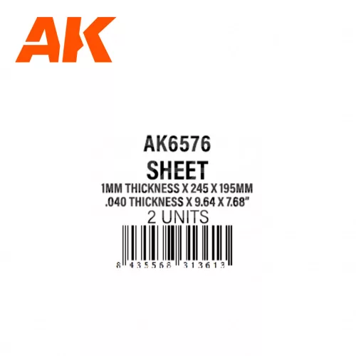 AK-Interactive - 1mm thickness x 245 x 195mm – STYRENE SHEET – (2 units)  sztirol lap AK6576