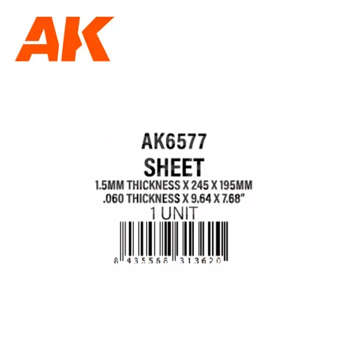 AK-Interactive - 1.5mm thickness x 245 x 195mm – STYRENE SHEET – (1 units)  sztirol lap AK6577