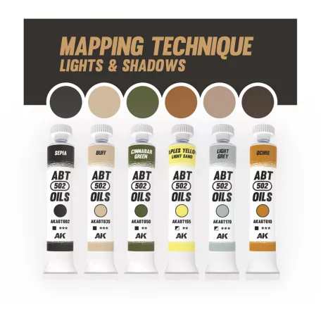 AK Interactive - MAPPING TECHNIQUE LIGHTS AND SHADOWS SET - olajfesték szett 6X20 ml - AKABT303