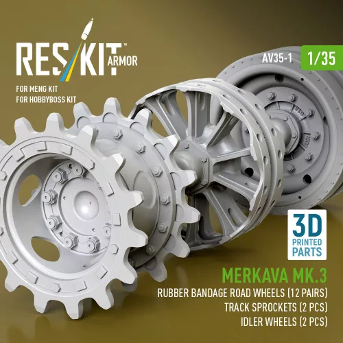 ResKit Models Merkava Mk.3 – gumibetétes futógörgők, 12 pár + 2 lánckerék + 2 feszítőkerék, Meng / HobbyBoss makettekhez