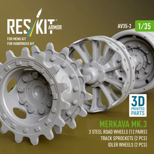 ResKit Models Merkava Mk.3 – acél futógörgő-, lánckerék- és feszítőkerék-készlet, Meng/HobbyBoss maketthez