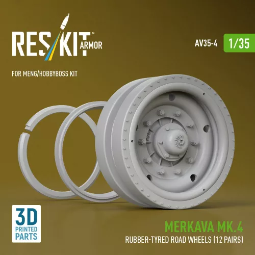 ResKit Models Merkava Mk.4 rubber-tyred road wheels (12 pairs) (3D Printed) for Meng / Hobby Boss - gumibetétes futógörgők, 12 pár, Meng / HobbyBoss makettekhez