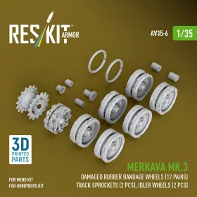   ResKit Models Merkava Mk.3 – sérült gumibetétes futógörgők, 12 pár + 2 lánckerék + 2 feszítőkerék, Meng / HobbyBoss makettekhez