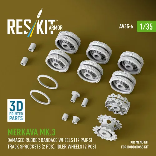 ResKit Models Merkava Mk.3 – sérült gumibetétes futógörgők, 12 pár + 2 lánckerék + 2 feszítőkerék, Meng / HobbyBoss makettekhez