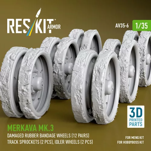 ResKit Models Merkava Mk.3 – sérült gumibetétes futógörgők, 12 pár + 2 lánckerék + 2 feszítőkerék, Meng / HobbyBoss makettekhez