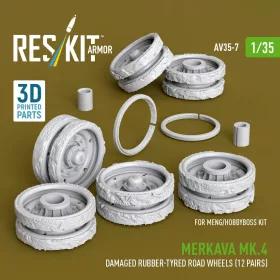   ResKit Models Merkava Mk.4 – sérült gumibetétes futógörgők, 12 pár, Meng / HobbyBoss makettekhez