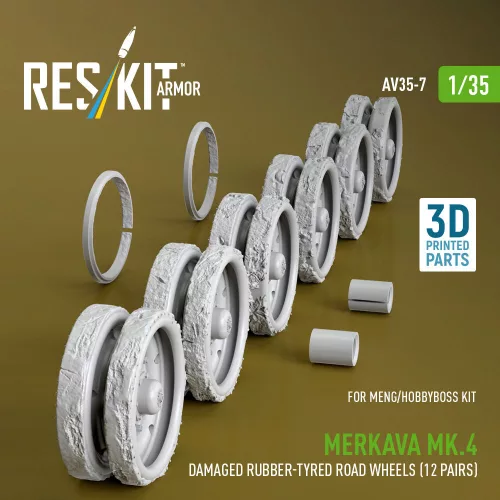 ResKit Models Merkava Mk.4 – sérült gumibetétes futógörgők, 12 pár, Meng / HobbyBoss makettekhez