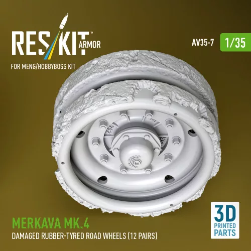 ResKit Models Merkava Mk.4 – sérült gumibetétes futógörgők, 12 pár, Meng / HobbyBoss makettekhez