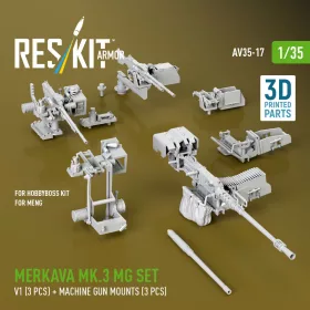   ResKit Models Merkava Mk.3 – géppuskakészlet, V1, 3 db géppuska + 3 db géppuskatartó, Meng / HobbyBoss maketthez