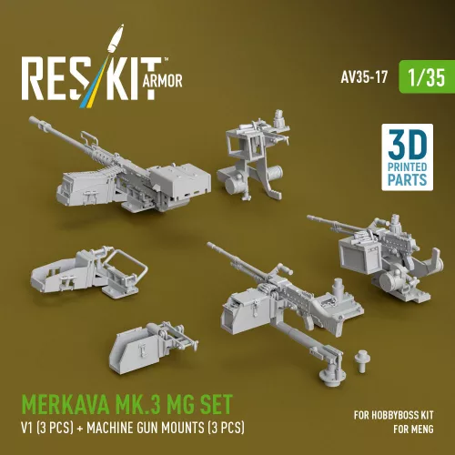 ResKit Models Merkava Mk.3 – géppuskakészlet, V1, 3 db géppuska + 3 db géppuskatartó, Meng / HobbyBoss maketthez