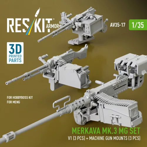 ResKit Models Merkava Mk.3 – géppuskakészlet, V1, 3 db géppuska + 3 db géppuskatartó, Meng / HobbyBoss maketthez