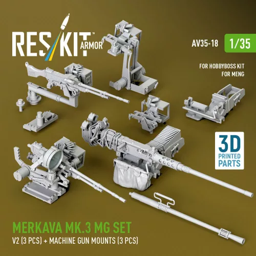 ResKit Models Merkava Mk.3 – géppuskakészlet, V2, 3 db géppuska + 3 db géppuskatartó, Meng / HobbyBoss maketthez