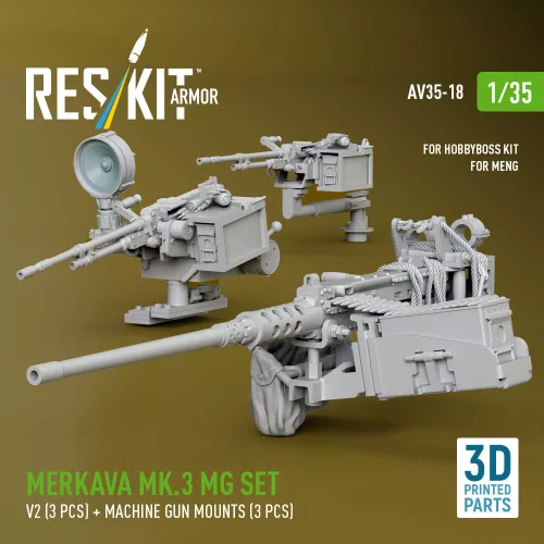 ResKit Models Merkava Mk.3 – géppuskakészlet, V2, 3 db géppuska + 3 db géppuskatartó, Meng / HobbyBoss maketthez