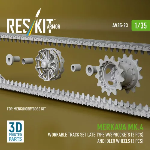 ResKit Models Merkava Mk.4 – működőképes lánctalpkészlet, késői típus, 2 lánckerékkel és 2 feszítőkerékkel, Meng / HobbyBoss makettekhez