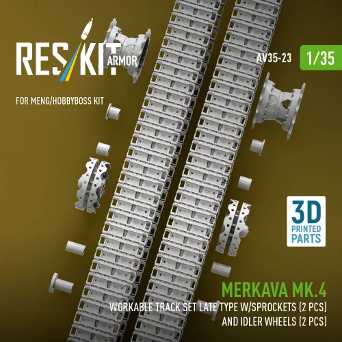 ResKit Models Merkava Mk.4 – működőképes lánctalpkészlet, késői típus, 2 lánckerékkel és 2 feszítőkerékkel, Meng / HobbyBoss makettekhez