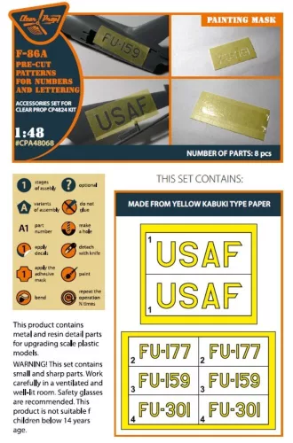 Clear Prop Accessories F-86A – előre kivágott szám- és feliratfestő maszkok, Clear Prop CP4824 maketthez