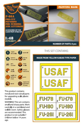 Clear Prop Accessories F-86A – előre kivágott szám- és feliratfestő maszkok, Clear Prop CP4825 maketthez