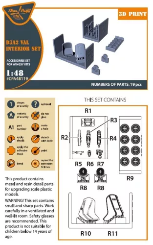 Clear Prop Accessories D3A2 VAL interior set for Wingsy Kits - D3A2 Val – belsőtér-részletező készlet ülésekkel, Wingsy Kits maketthez
