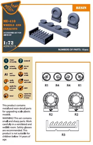 Clear Prop Accessories Me-410 B-1/U2/U4/R4 wheel set and exhausts for Airfix kit - kerékkészlet és kipufogócsonkok