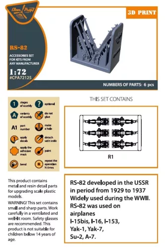 Clear Prop Accessories RS-82 nem irányított repülőgép-rakéták I-15bis, I-16, I-153, Yak-1, Yak-7, Su-2 és A-7 típusokhoz