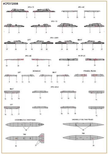 Clear Prop Accessories MiG-23ML, MLA, MLD, P, MLAE standard stencils for CP kits and other - szabványos stencil- és adatfelirat-matricák