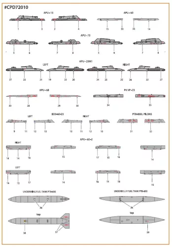 Clear Prop Accessories MiG-23ML, MLA standard stencils for grey paint schemes for CP kits and other - szabványos stencil- és adatfelirat-matricák szürke festésekhez
