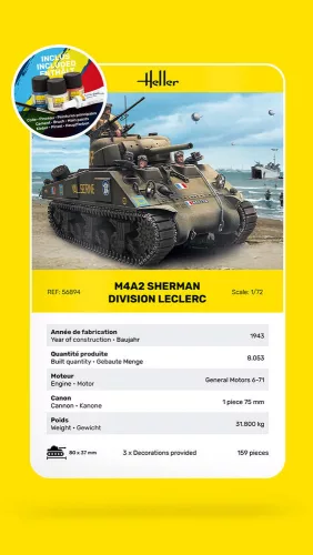 Heller M4A2 Sherman "Division Leclerc" 1:72 Starter Kit harcjármű makett – Heller H56894
