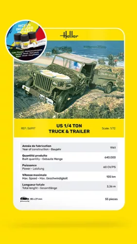 Heller amerikai 1/4 tonnás terepjáró és utánfutó 1:72 Starter Kit makett – Heller H56997