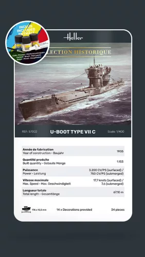 Heller U-Boot Type VII C 1:400 Starter Kit tengeralattjáró makett – Heller H57002