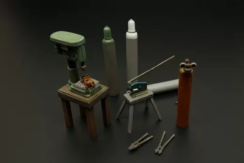 Hauler Bench drill-lever shears-oxy acetylene bottles – dioráma kellék makett