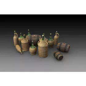   Royal Model Wicker Bottles Demijohn Glass and small barrels – dioráma kellék makett