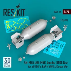   ResKit Models AN-M65 (AN-M59) bombs (1000 lbs) for all USAF & RAF of WW2 & Korean War (2 pcs) (3D Printed) - AN-M65 (AN-M59) – bombák, 1000 fontos, 2 db