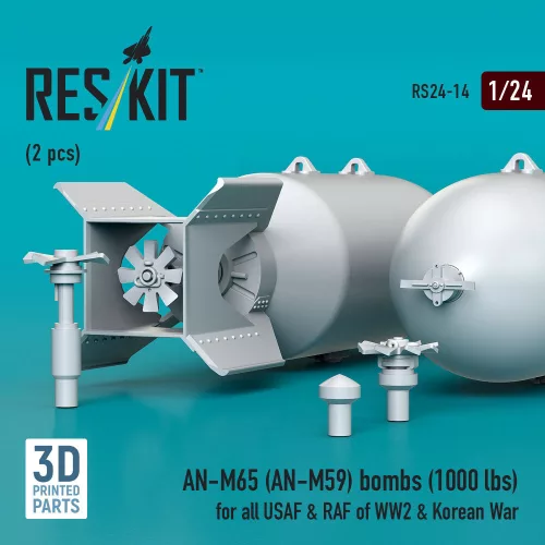 ResKit Models AN-M65 (AN-M59) bombs (1000 lbs) for all USAF & RAF of WW2 & Korean War (2 pcs) (3D Printed) - AN-M65 (AN-M59) – bombák, 1000 fontos, 2 db