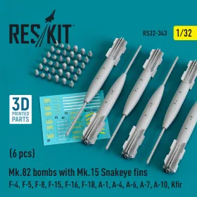   ResKit Models Mk.82 bombs with Mk.15 Snakeye fins (6 pcs) (F-4, F-5, F-8, F-15, F-16, F-18, A-1, A-4, A-6, A-7, A-10, Kfir) (3D Printed) - Mk.82 – bombák, 6 db