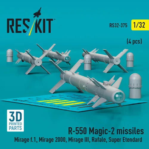 ResKit Models R.550 Magic-2 missiles (4 pcs) (Mirage F.1, Mirage 2000, Mirage III, Rafale, Super Etendard, MiG-21, Jaguar) (3D Printed) - R.550 Magic-2 – rakéták, 4 db