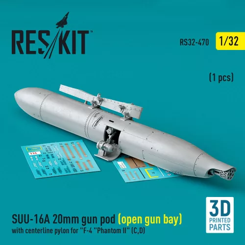 ResKit Models SUU-16A 20mm gun pod (open gun bay) with centerline pylon for F-4 Phantom II (C,D) (1 pcs) (3D Printed) - gépágyúkonténer, 1 db