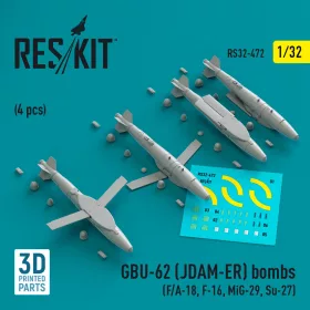   ResKit Models GBU-62 (JDAM-ER) bombs (4 pcs) (F/A-18, F-16, MiG-29, Su-27) (3D Printed) - GBU-62 (JDAM-ER) – bombák, 4 db