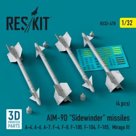   ResKit Models AIM-9D Sidewinder missiles (4 pcs) (A-4, A-6, A-7, F-4, F-8, F-100, F-104, F-105, Mirage III) (3D Printed) - AIM-9D Sidewinder – rakéták, 4 db