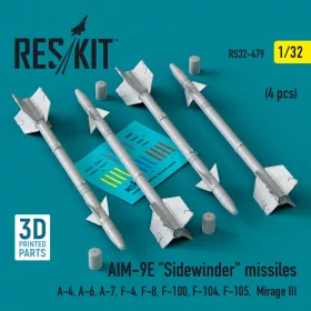   ResKit Models AIM-9E Sidewinder missiles (4 pcs) (A-4, A-6, A-7, F-4, F-8, F-100, F-104, F-105, Mirage III) (3D Printed) - AIM-9E Sidewinder – rakéták, 4 db