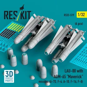  ResKit Models LAU-88 with (2 pcs) AGM-65 Maverick missiles (6 pcs) (A-7D, F-4, A-10, F-16) (3D Printed) - LAU-88 indítósín AGM-65 Maverick rakétákkal, 2 db