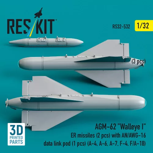 ResKit Models AGM-62 Walleye I ER missiles (2 pcs) with AN/AWG-16 data link pod (1 pcs) (A-4, A-6, A-7, F-4, F/A-18) (3D Printed) - AGM-62 Walleye I ER – rakéták, 2 db