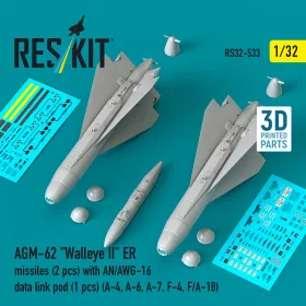   ResKit Models AGM-62 Walleye II ER missiles (2 pcs) with AN/AWG-16 data link pod (1 pcs) (A-4, A-6, A-7, F-4, F/A-18) (3D Printed) - AGM-62 Walleye II ER – rakéták, 2 db