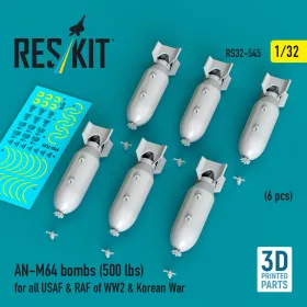   ResKit Models AN-M64 bombs (500 lbs) for all USAF & RAF of WW2 & Korean War (6 pcs) (3D Printed) - AN-M64 – bombák, 500 fontos, 6 db