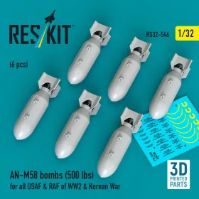   ResKit Models AN-M58 bombs (500 lbs) for all USAF & RAF of WW2 & Korean War (6 pcs) (3D Printed) - AN-M58 – bombák, 500 fontos, 6 db
