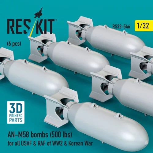 ResKit Models AN-M58 bombs (500 lbs) for all USAF & RAF of WW2 & Korean War (6 pcs) (3D Printed) - AN-M58 – bombák, 500 fontos, 6 db