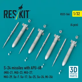   ResKit Models S-24 missiles with APU-68 (4 pcs) (MiG-21, MiG-23, MiG-27, MiG-29, Su-7, Su-17, Su-25, Su-24, Mi-24) (3D Printed) - S-24 – rakéták, 4 db