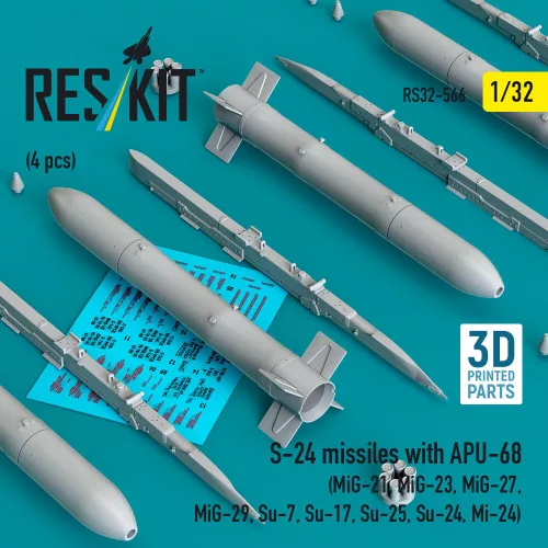 ResKit Models S-24 missiles with APU-68 (4 pcs) (MiG-21, MiG-23, MiG-27, MiG-29, Su-7, Su-17, Su-25, Su-24, Mi-24) (3D Printed) - S-24 – rakéták, 4 db