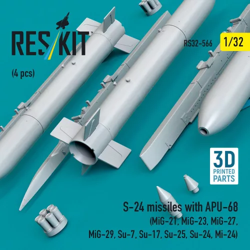 ResKit Models S-24 missiles with APU-68 (4 pcs) (MiG-21, MiG-23, MiG-27, MiG-29, Su-7, Su-17, Su-25, Su-24, Mi-24) (3D Printed) - S-24 – rakéták, 4 db
